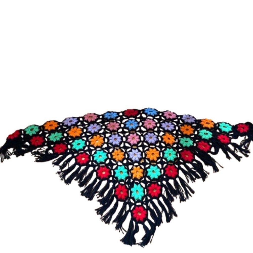 Vintage crochet knit granny flowers floral multicolor wrap scarf shawl w fringe - Picture 8 of 12